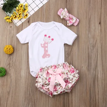 

Emmababy Newborn Baby Girl Clothes 1st Birthday Romper Tops Flower Print Ruffle Short Pants Headband 3Pcs Outfits Set