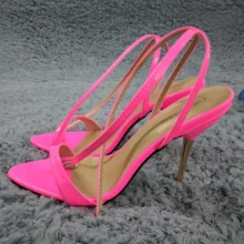 Women Stiletto Thin Iron High Heel Sandals Sexy Ankle Strap Open Toe Pink Patent Party Bridals Wedding Lady Shoes 3845-i11 moraima snc newest sexy women sandals open toe cover heel ankle strap crystal fringe decoration thin high heel wedding shoes