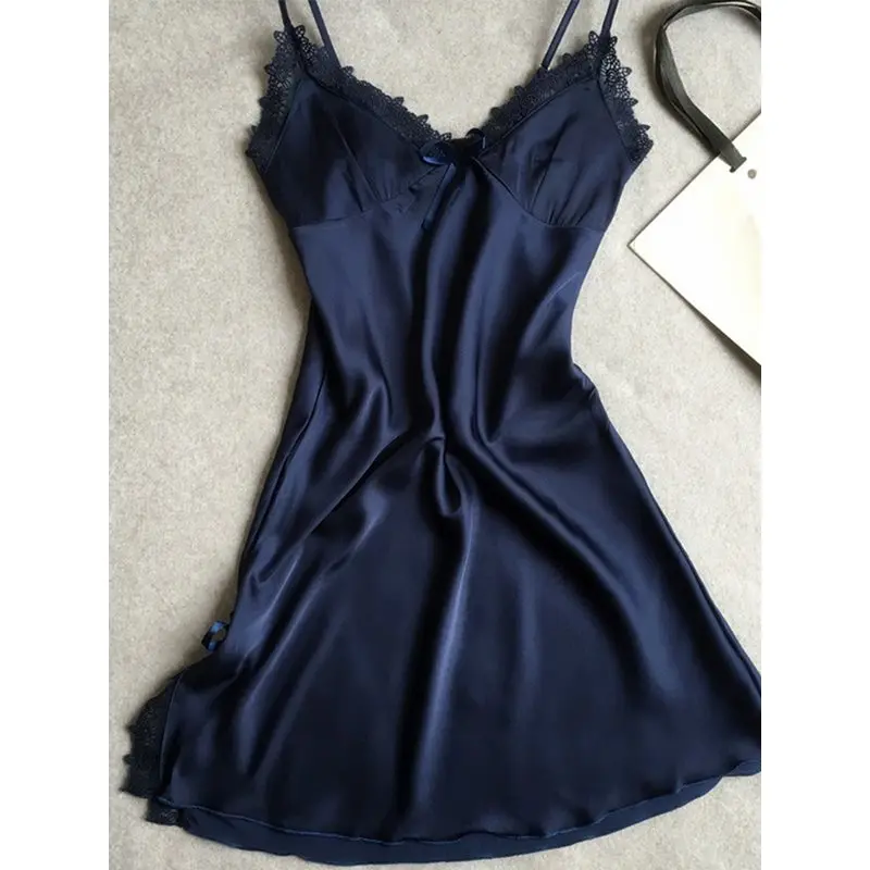 

women nightgowns sexy lingerie blue sleepwear lace silk underwear v-neck spaghetti strap for girls mini fall nightgown