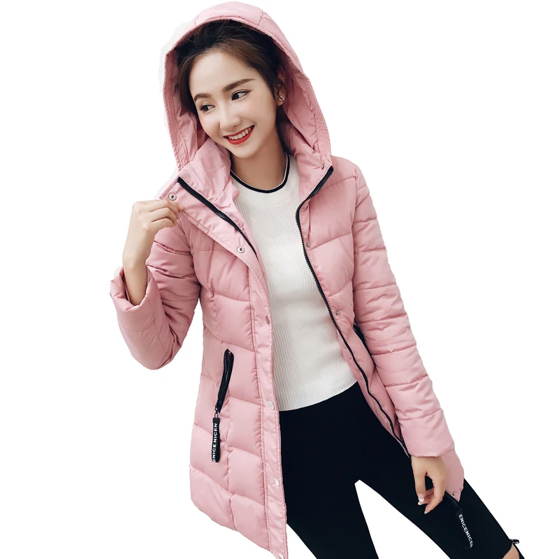 

New Hooded Cotton Jackets Medium Long Women Winter Fashion Solid Long Sleeve Coats Woman Cute Pockets Slim Parkas Female Ladies