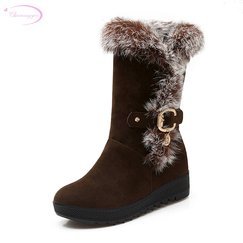 

Chainingyee sweet winter warm comfortable rabbit hair mid calf boots belt buckle flat with brown red black women snow boots
