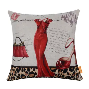 

LINKWELL 45x45cm Fashion Red Leopard Evening Dress Pattern and Handbag High Heel Chandelier Linen Throw Pillowcase Cushion Cover