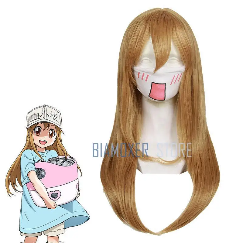 Biamoxer Anime Hataraku Saibou Platelet Cosplay Wigs Cells At Work Long Straight Flaxen Synthetic Hair Wig + Cap |