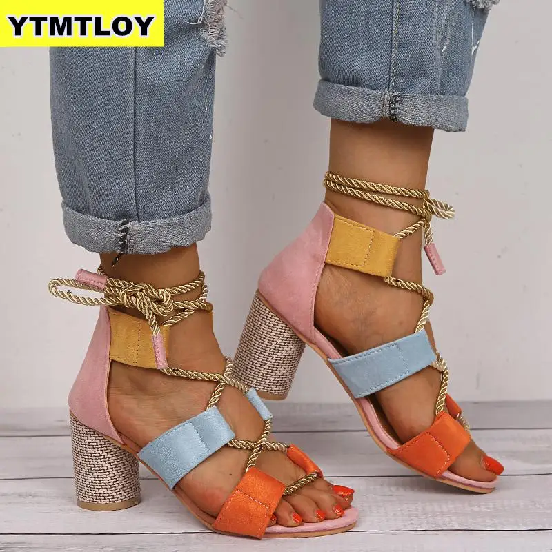 Women Sandals Lace Up Summer Shoes Woman Heels Pointed Fish Mouth Gladiator Pumps Hemp Rope High Knot rope Strap Sexy