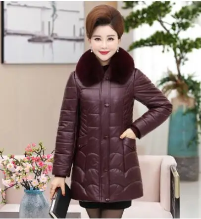 Женская куртка большого размера для среднего возраста, женская кожаная хлопковая куртка, зимняя теплая парка, толстое пальто с длинным рукавом, PU кожаное пальто - Цвет: coffee