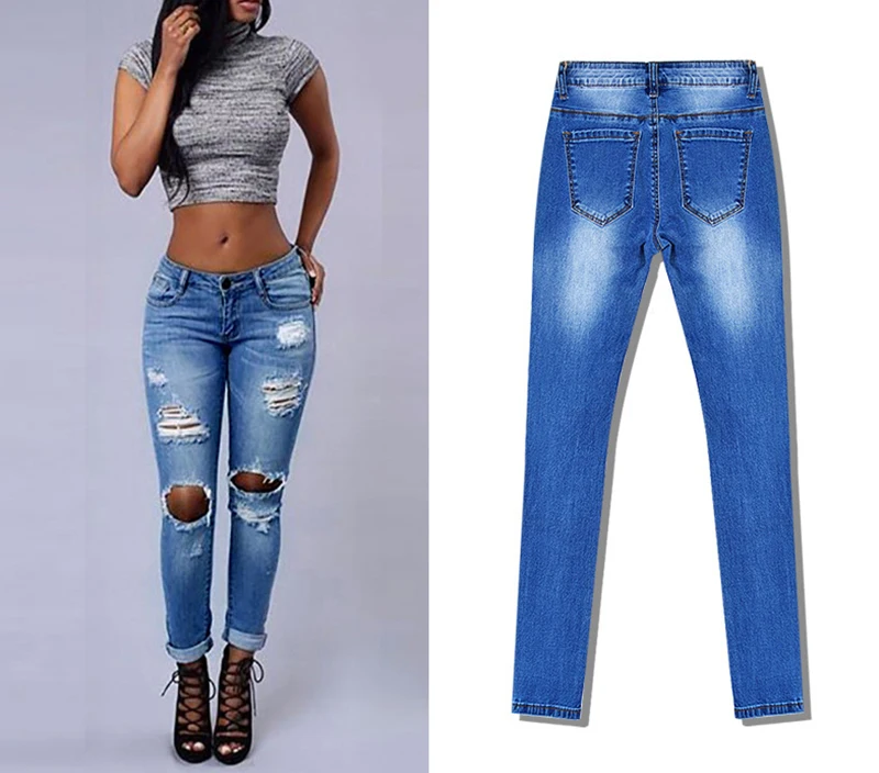 2017 New Hot Selling Women Low-waist Slim Elastic Jeans Pants Fit Close Pencil Pants Irregular Broken Hole Washed with Plus Size (6)