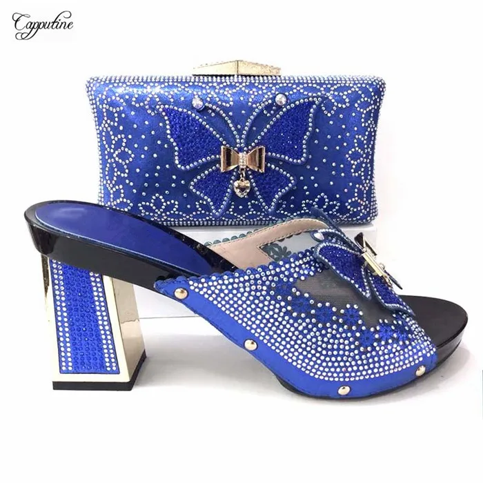 

Amazing royal blue high heel shoes and bag sets with butterfly design and rhinestones matching for evening dress 25899-9
