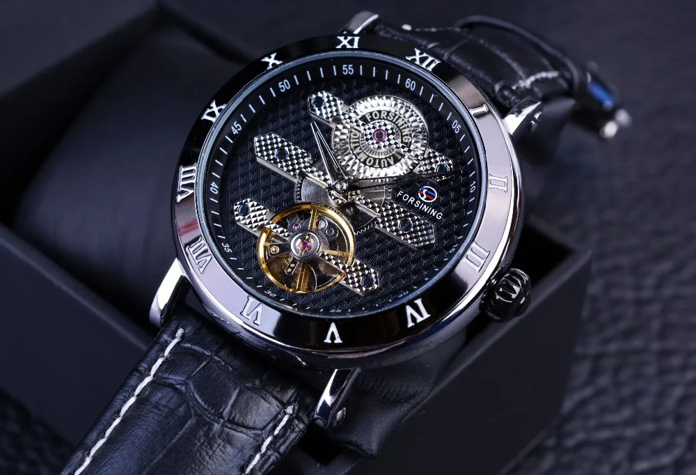 Forsining Tourbillion неясные дизайнерские водонепроницаемые мужские часы из натуральной кожи лучший бренд роскошный механический автоматический часы