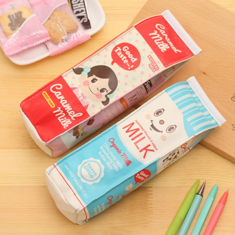 

Creative Simulation Milk Box Pu Leather Pencil Case Stationery Storage Organizer Bag Student School Office Supply