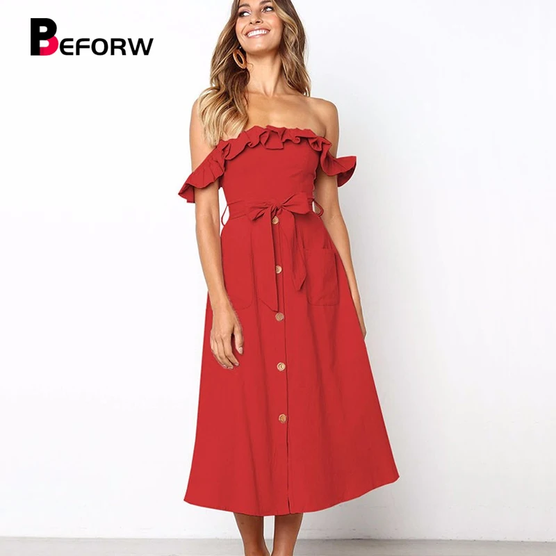 

BEFORW Female Sexy Off Shoulder Party Midi Dress 2019 Women Elegant Ruffles Dresses Vestido Solid Casual Button Summer Dress