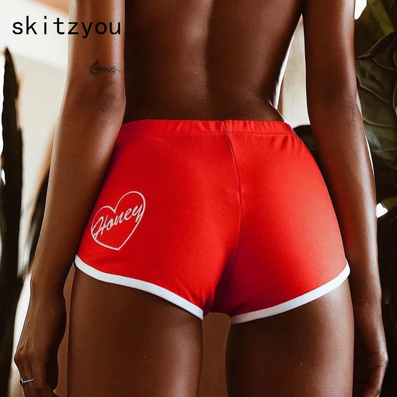

skitzyou Letter Honey Print Women Summer Style Black Red Shorts Elastic Waist Fitness Workout Casual Skinny Patchwork Shorts New