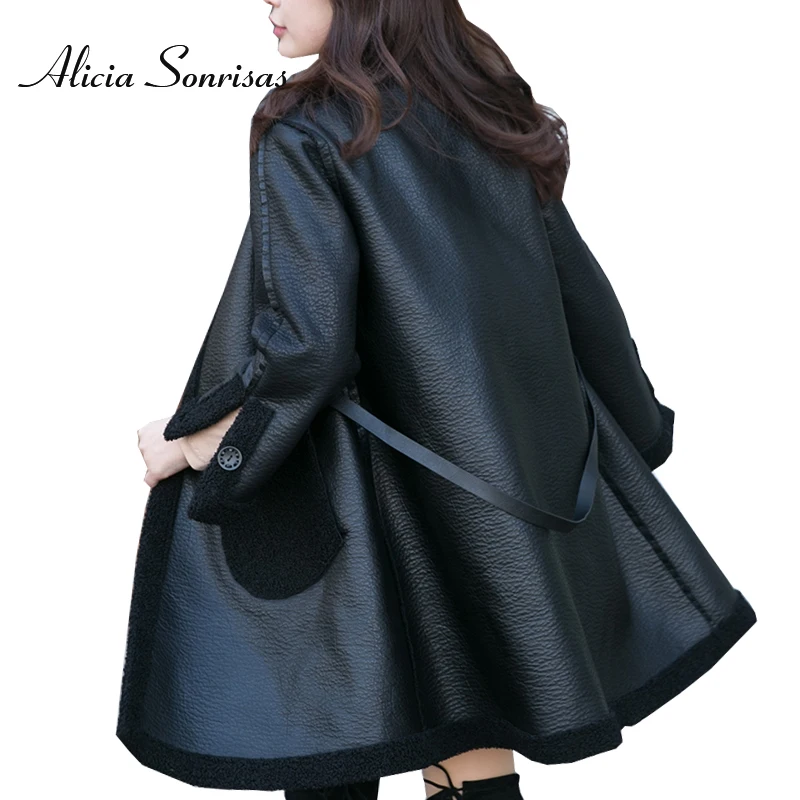 

2019 Women Leather Jacket New Double Face Use Autumn Winter Parkas Black White Long Faux Sheepskin Coats Jackets BE086