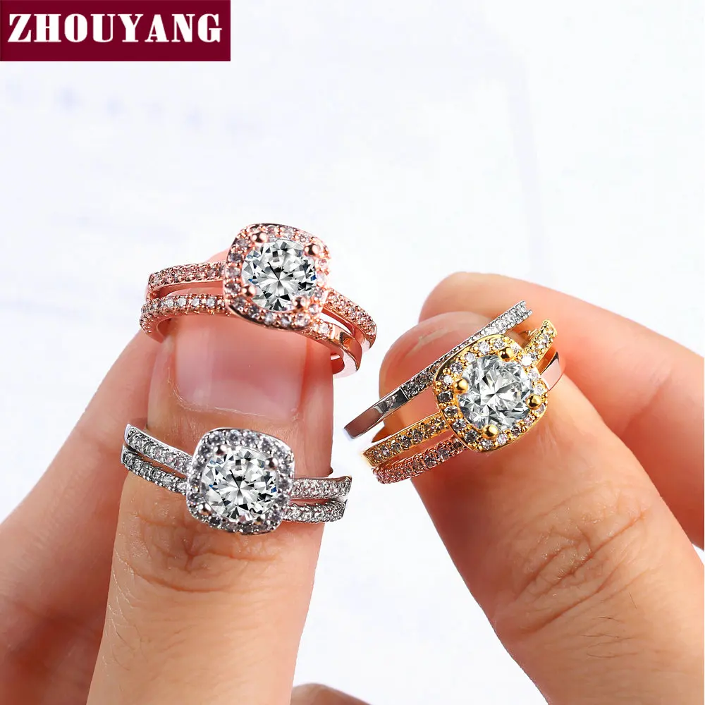 ZHOUYANG Engagem Wedding Ring Sets For Women Classic Round Cut AAA+ CZ Yellow Color Fashion Jewelry Chirstmas Gift SR559