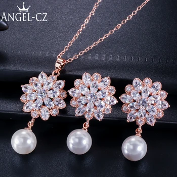 

ANGELCZ Exquisite Pearl Jewelry Sets For Women Rose Gold Color Luxury Cubic Zirconia Flower Pendant Necklace Earrings Set AJ059