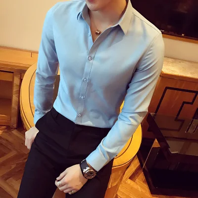 Стильная мужская весенняя и осенняя хлопковая рубашка с длинным рукавом для отдыха/Мужская Высококачественная однотонная приталенная деловая рубашка - Цвет: light blue