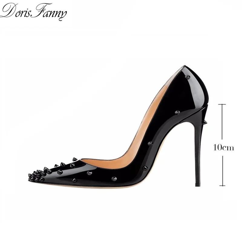 DorisFanny/лакированная кожа, каблуки с шипами, 12 см, модные женские пикантные туфли с острым носком, заклепками, шипами, на высоком каблуке, черные женские туфли-лодочки - Цвет: black 10cm