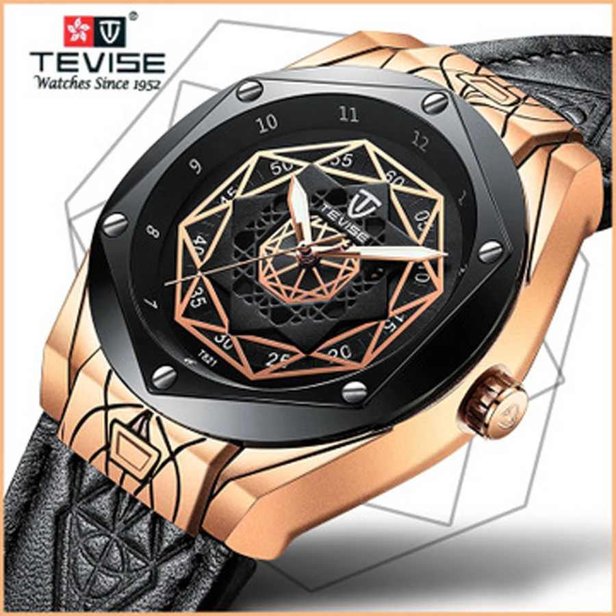 

TEVISE Mens Watches Top Brand Luxury Automatic Watch Men Fashion Mechanical Watches Men Transparent Mechanical Wristwatch