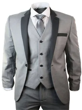 

Men's 3 Piece Suits Light Grey Suit Black Lapel Slim Fit Wedding Party Prom Suit Prom Custom Made Suits