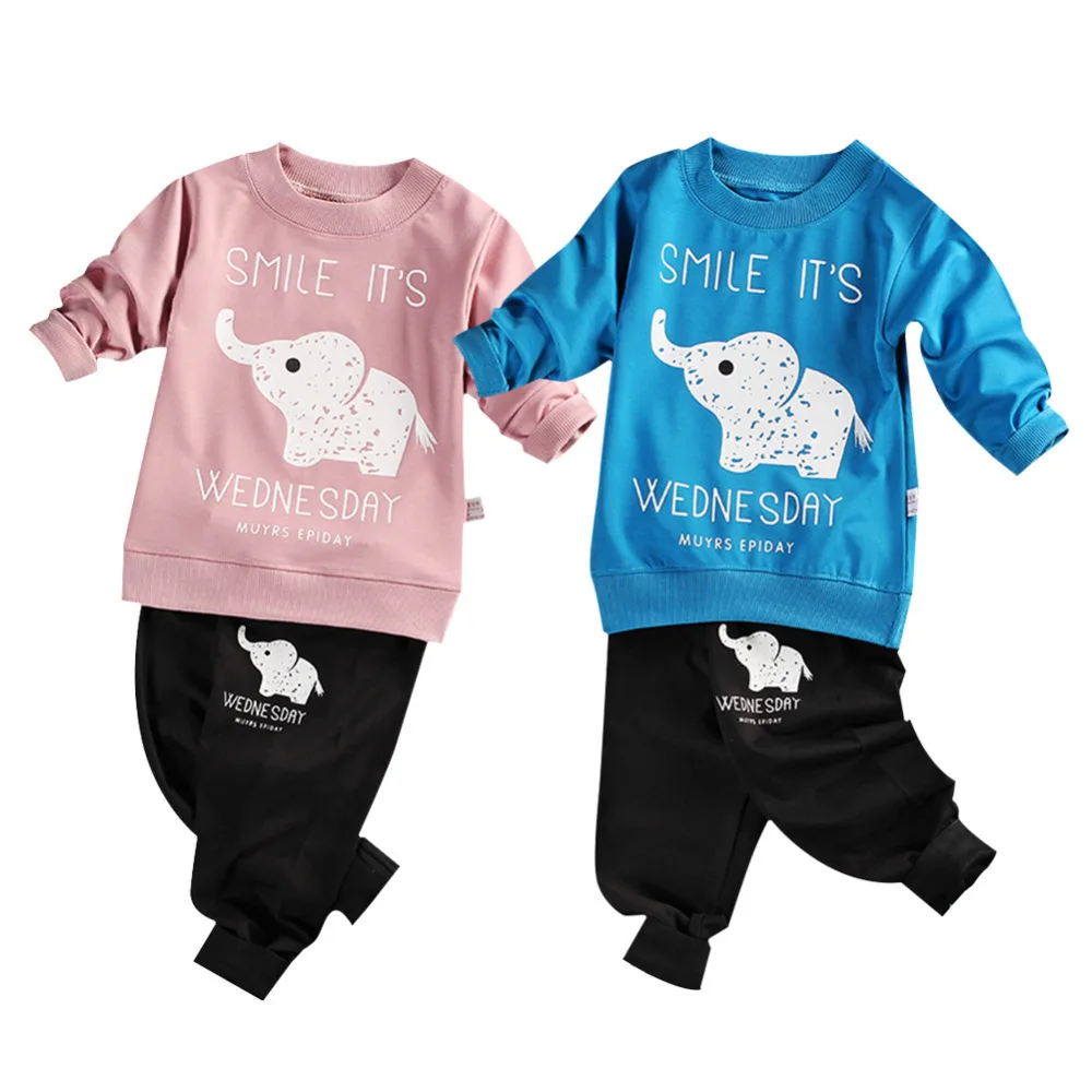 New 2PCS Children's Long-sleeved Sweats Set Toddler Sweater Baby Sweatsuit Outfits of Elephant Style for Boys and Girls