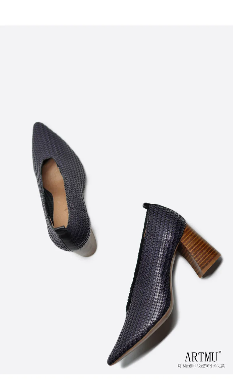 Artmu/оригинальная женская обувь на заказ; Новинка; Винтажная обувь из натуральной кожи; тканые туфли на высоком каблуке с острым носком; бабушкины туфли-лодочки на толстом каблуке