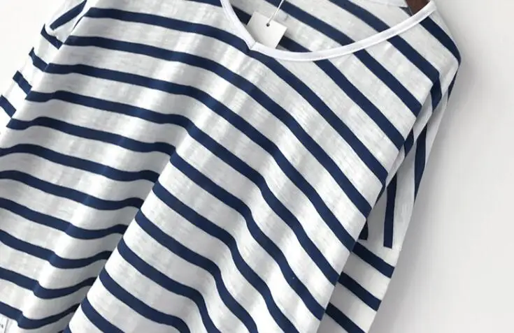 YoYiKamomo хлопковая льняная Женская Полосатая Рубашка весна лето тонкая Длинная с v-образным вырезом размера плюс корейская мода Свободная блузка Топы