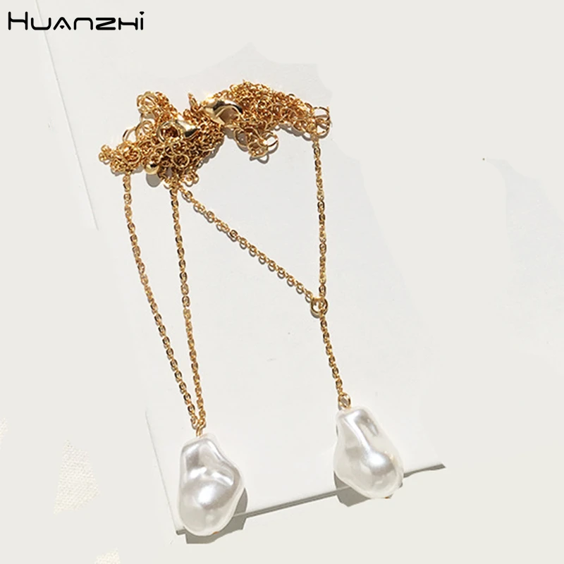 HUANZHI 2019 New Baroque Gold Metal Irregular Imitation Pearls Chain Necklace For Women Girl Party Jewelry Gifts - Image 2