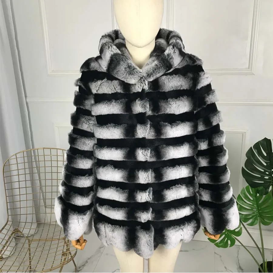

Real Fur Coat Fashion Genuine Rabbit Fur Overcoats Elegant hooded Real warm Chinchilla Rex Rabbit Fur Coat Striped Pattern