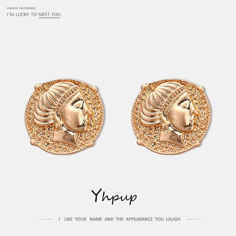 

Yhpup Personality Vintage Baroque Zinc Alloy Stud Earrings Portrait Ethnic Geometric Oorbellen Female Office Party Accessories