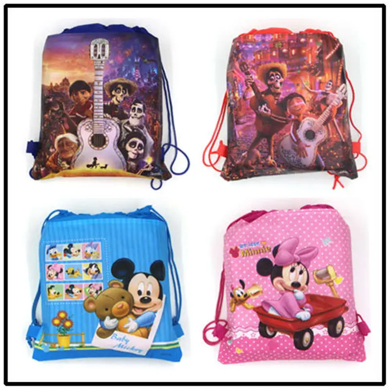 

New 12Pcs MIckey Minnie Mouse Backpack Coco Wedding Non-Woven Fabric Drawstring Bags Girl Favors Birthday Party Gift Bags Supply