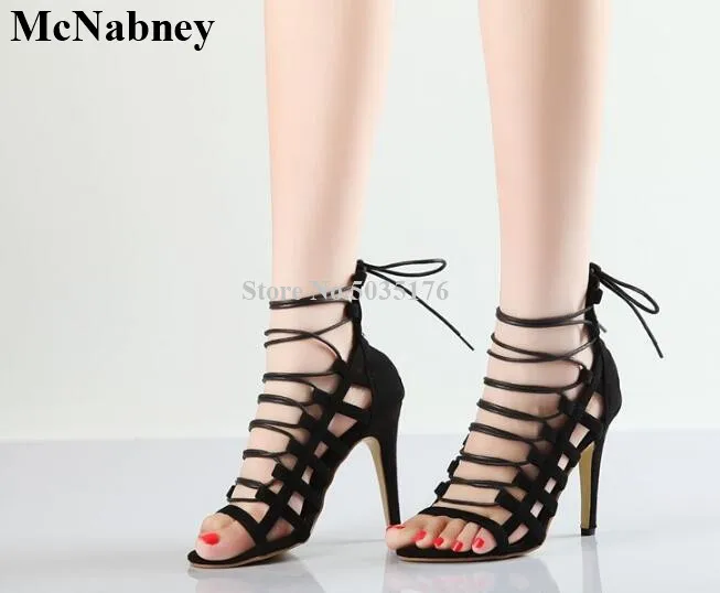 

McNabney Sexy Women Sandals Cross-tied Lace-Up Zip Stiletto Heel Ankle Strap Peep Toe Summer Sandals Fashion Black Women Shoes