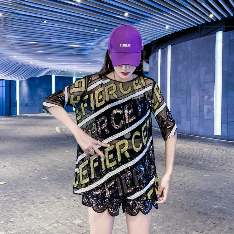 Poleras mujer de moda модная новая свободная Блестящая футболка с бисером