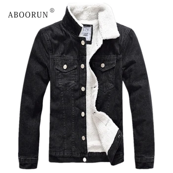 

ABOORUN 2019 Men's Woolen Denim Jackets Casual Slim fit Denim Jackets M-5XL Thick Warm Jeans Coat for Male