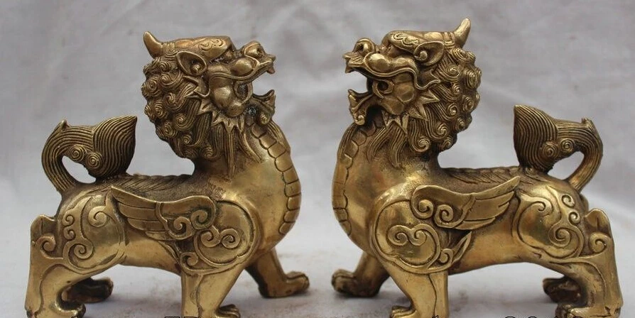 

6" China Chinese Folk Fengshui Brass Pixiu Unicorn Beast Kylin Fu Statue Pair