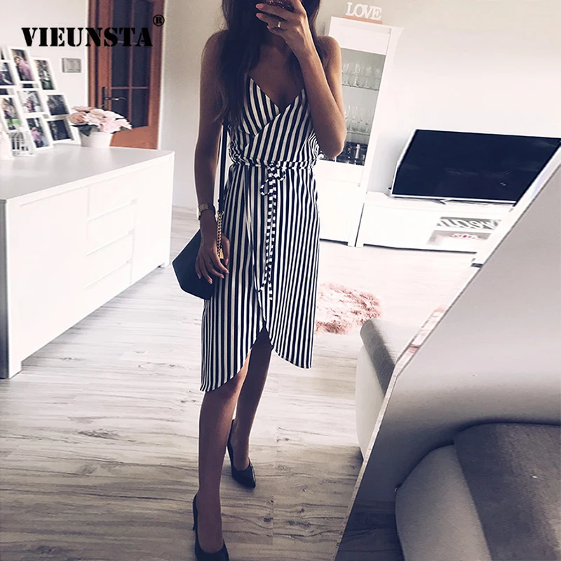 

VIEUNSTA Striped Print Spaghetti Strap Summer Dress Women V Neck Backless Split Irregular Dress Elegant Sleeveless Beach Dresses
