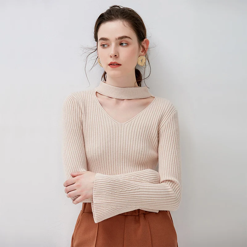 GOPLUS 2019 Fashion Winter Knitted Sweater Women Solid Sexy Halter Neck Flare Sleeve Sweater Female Pullover Casual Sweater Top