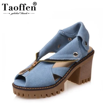 

TAOFFEN Size 34-43 Denim High Heel Sandals Women Zipper Platform Sandals Summer Shoes Woman Slip On Shoes For Women Footwear