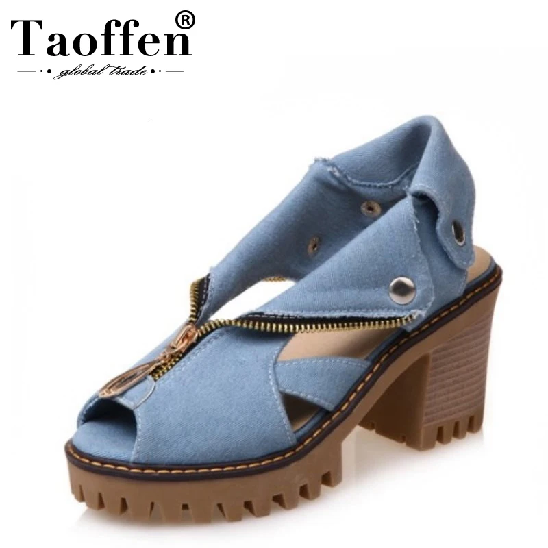 preço Tamanho 34 43 TAOFFEN Denim Sandálias de Salto Alto Mulheres Zipper Sandálias Plataforma Sapatos de Verão Mulher Deslizamento Em Sapatas Para mulheres Calçado