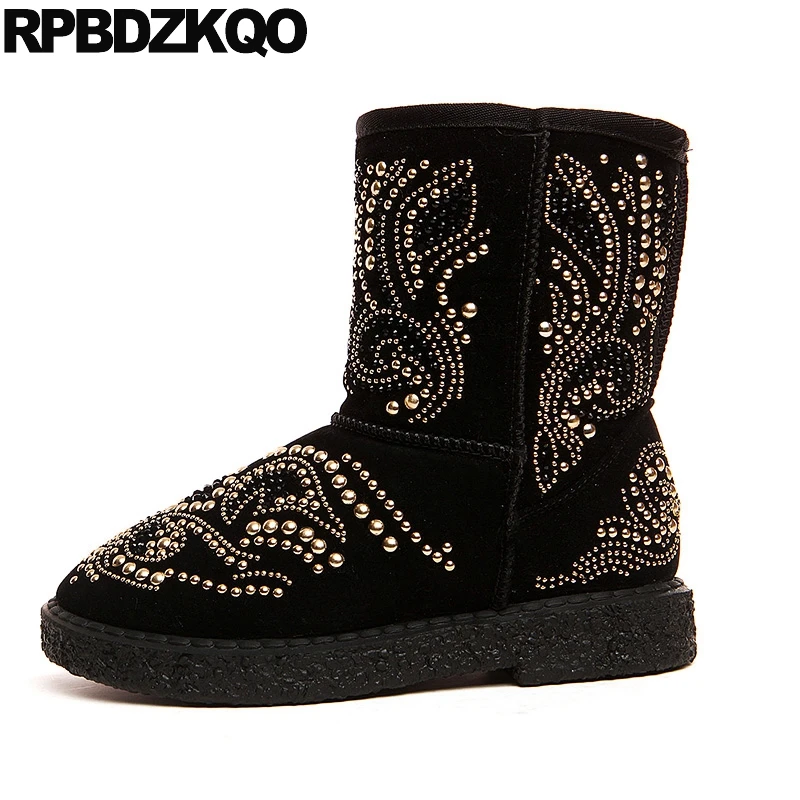 

Snow Fur Women Boots Winter 2017 Flat Rhinestone Short Suede Black Designer Rivet Crystal Shoes Slip On Mid Calf Warm Metal Stud