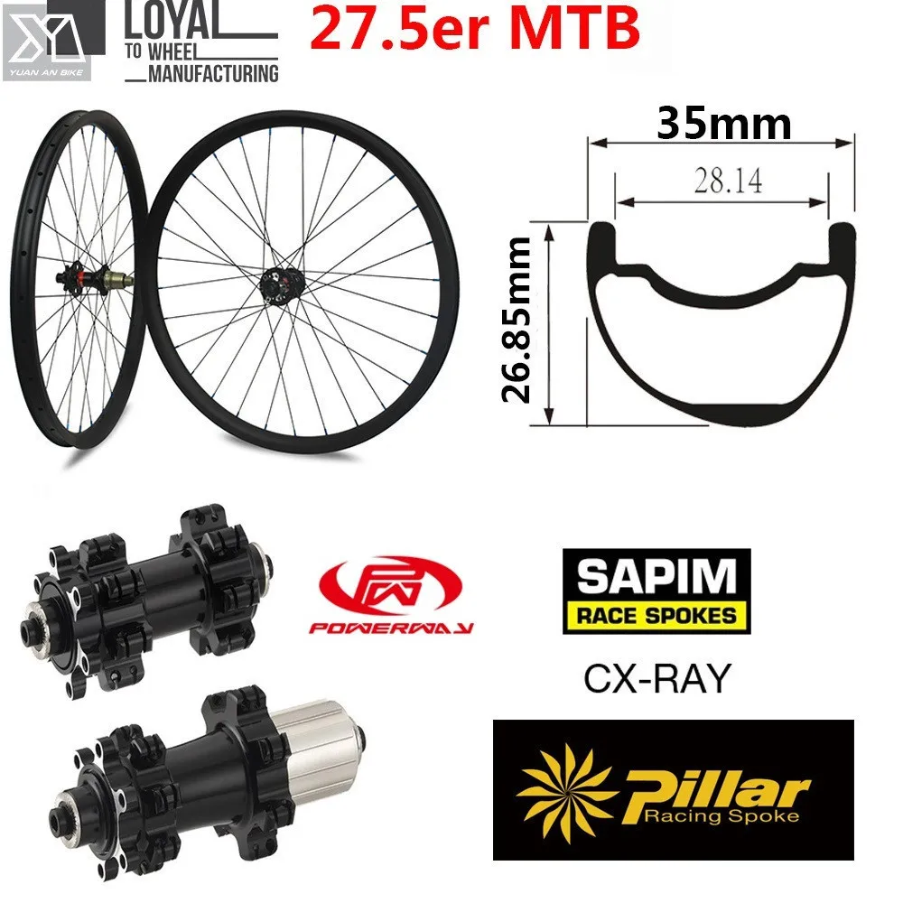 650B Углеродные колеса для горных велосипедов перекрестная колесная установка 35 мм ширина 26,85 мм глубина обода для 27,5 er MTB Велоспорт Powerway M42