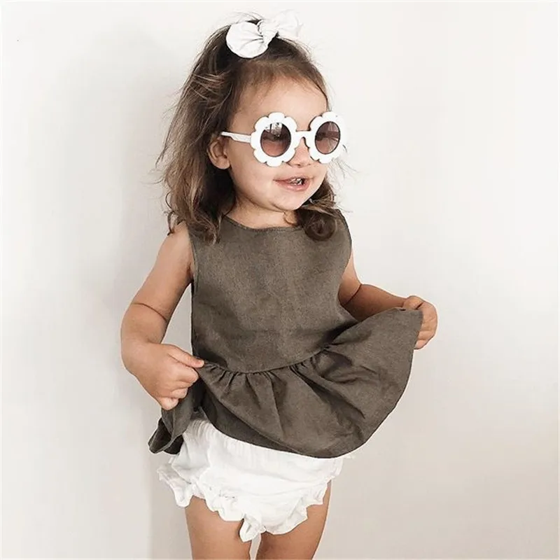 

2PCS Baby Kids Girls Summer Outfits Toddler Solid sleeveless Top dress and white Shorts Clothes Set