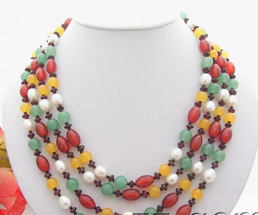 

huij 003505 80" White pearl&Carnelian&Garnet&Yellow Jade&Aventurine Necklace