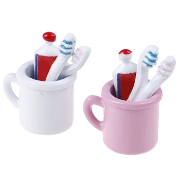 4Pcs/Set Dollhouse Miniature Toy Cup Toothpaste Toothbrush Set Miniature Bathroom Accessories 1