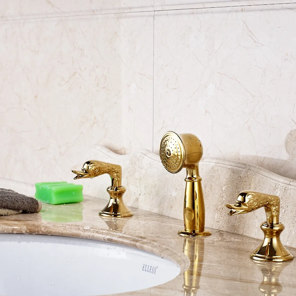 

Bathroom Basin Faucet Dual Swan Handles Vanity Sink Mixer Gold