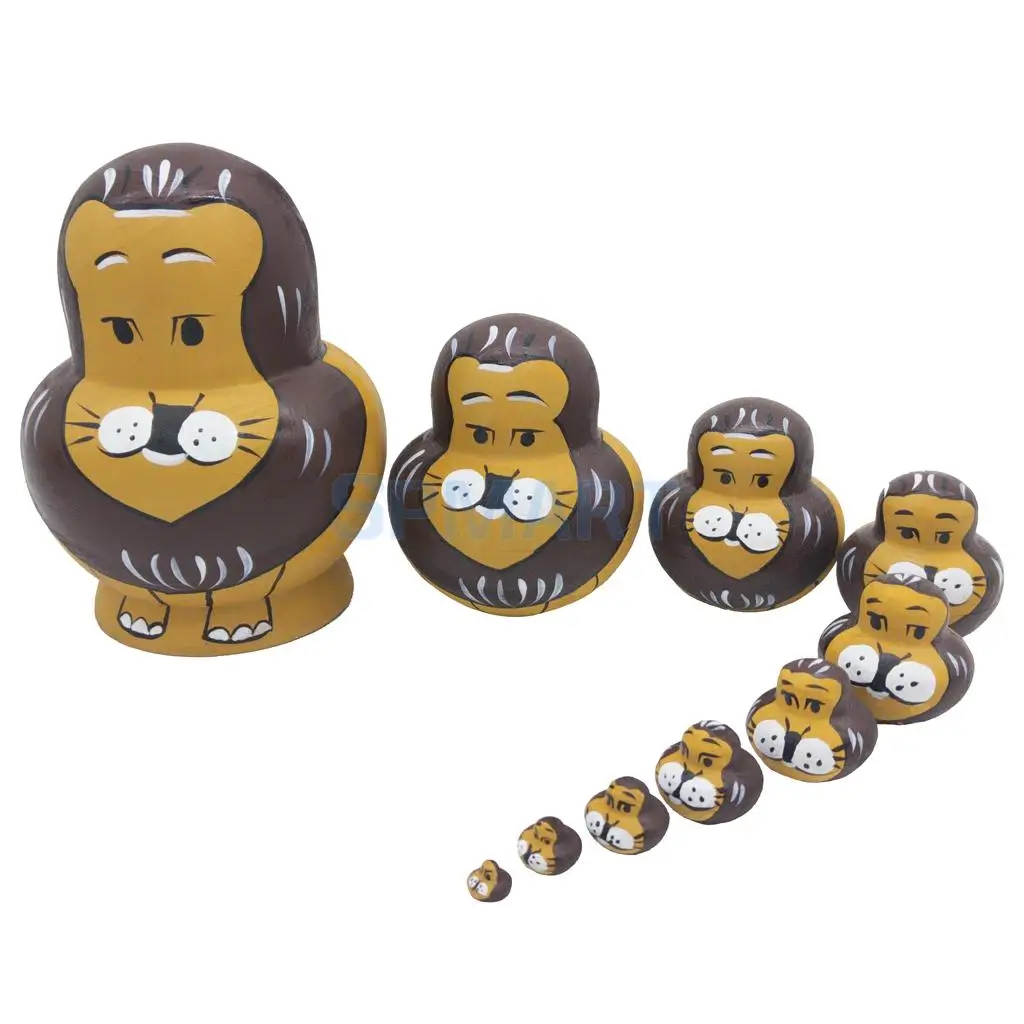 10Pcs Wooden Russian Nesting Dolls Toy Handmade Matryoshka Babushka Cartoon Animals Lions Pattern Dolls Christmas Gifts