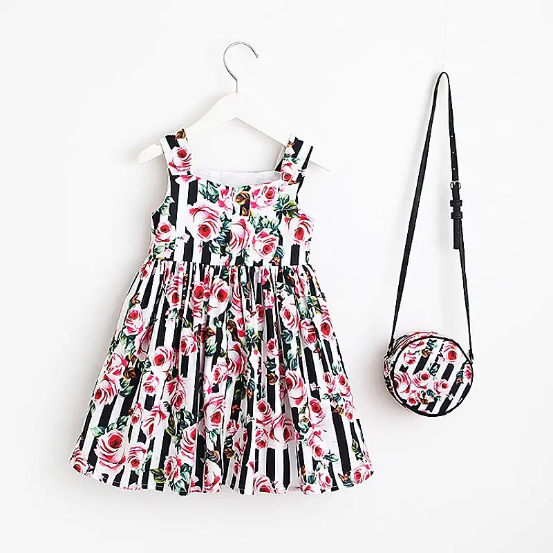 Платье с сумкой для девочек; коллекция года; брендовая летняя одежда для маленьких девочек; детские костюмы с цветочным принтом; Robe Princesse Fille; детское платье