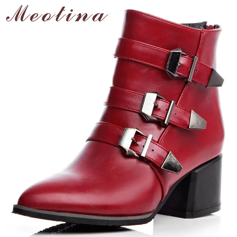 

Meotina Women Ankle Boots Autumn Buckle Thick High Heel Short Boots Punk Zip Pointed Toe Ladies Shoes Winter Red Large Size 3-12