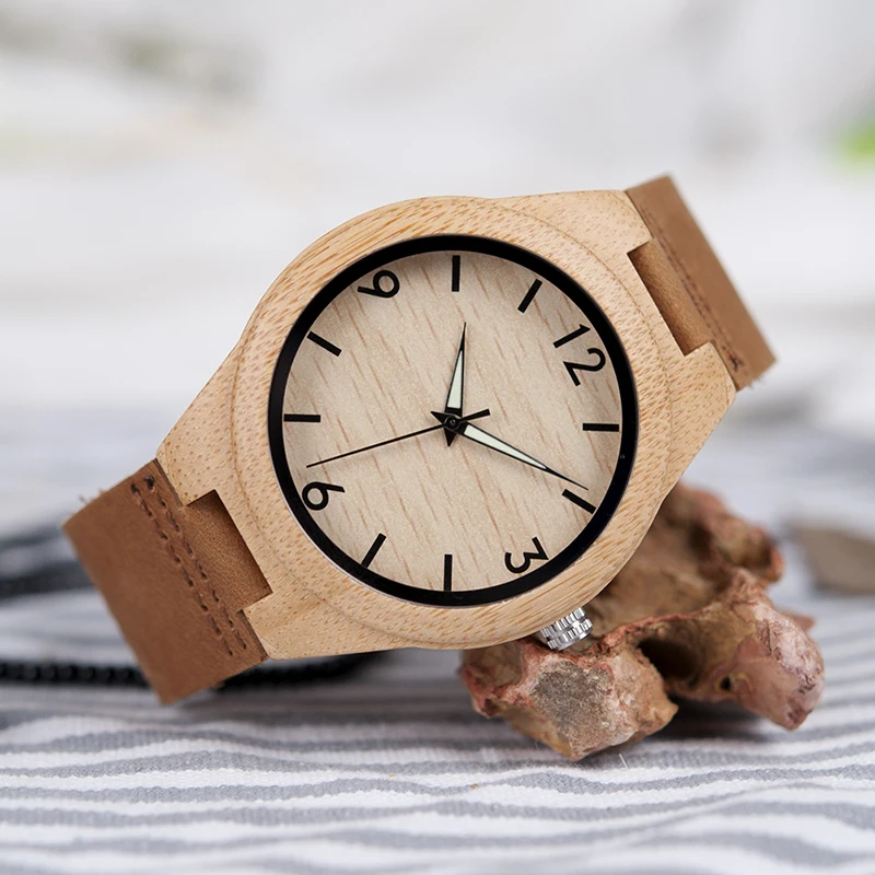 BOBO BIRD Minimalist Natural Men Bamboo Wooden Watch with Leather Strap in Gift Box