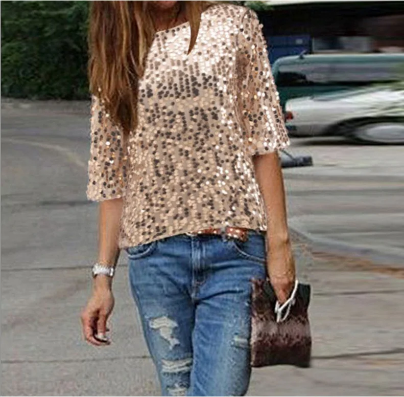 2017 New Women Casual Basic Summer Sequins Sexy T-shirt Top Tee Shirt Solid short sleeves blusas O-neck Large Size 2017 New Women Casual Basic Summer Sequins Sexy T-shirt Top Tee Shirt Solid short sleeves blusas O-neck Large Size