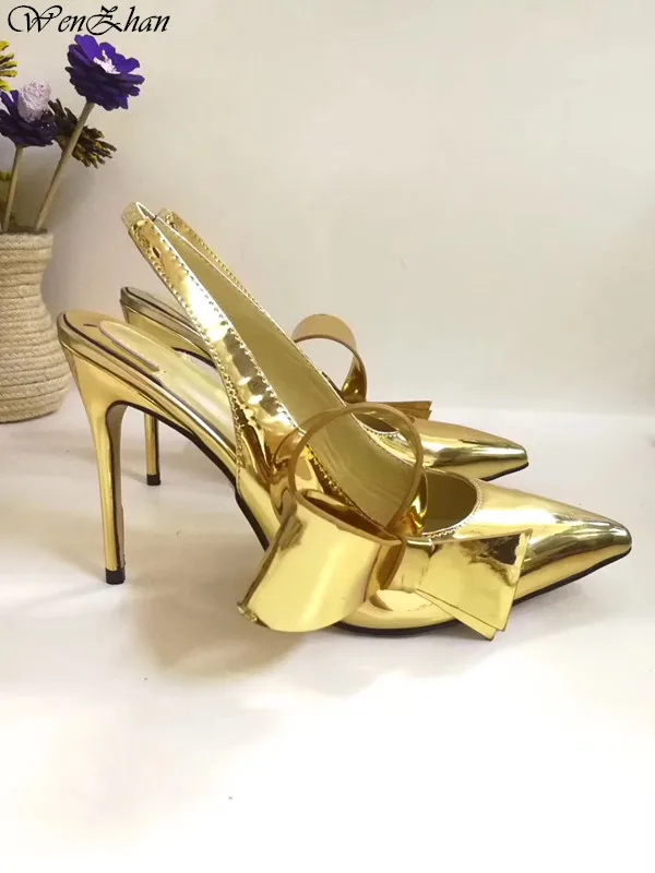 Gold High Heels Shoes Party Thin Heels Woman Shoes With Pretty Decoration Brand Pointed Toe Single Female Pumps WENZHAN A96-20