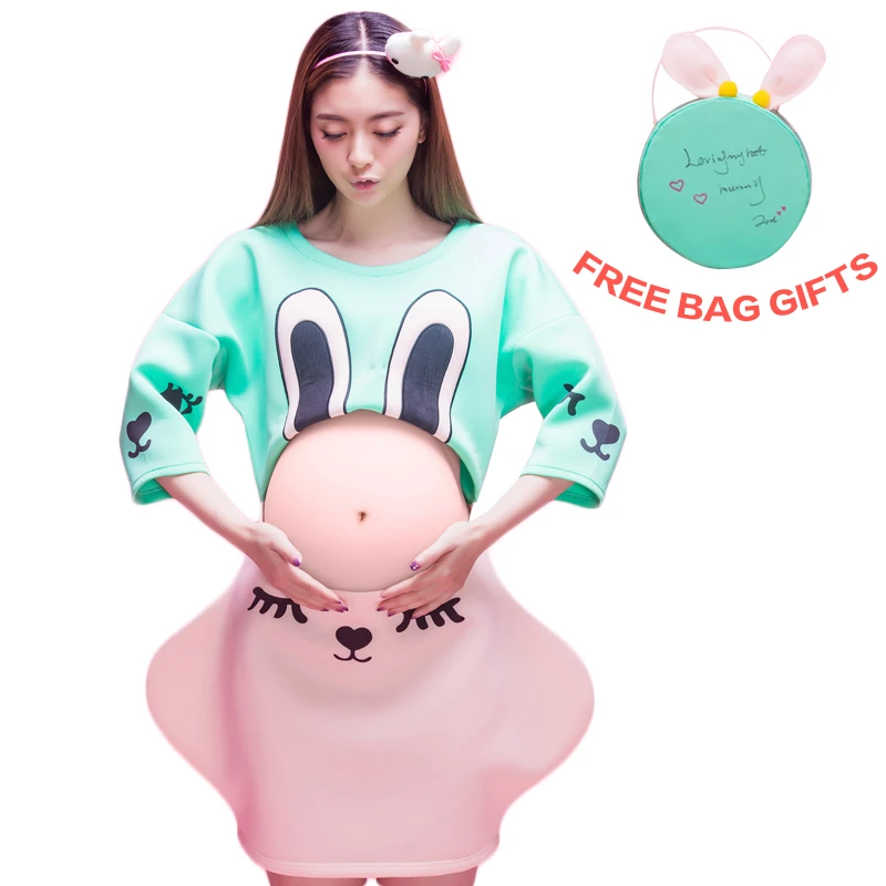 

3pcs/Set Ruffles Maternity Photography Prop Dresses Leaky Belly Pink Blue Cartoon Print Rabbit Pregnancy Photoshoot Dress